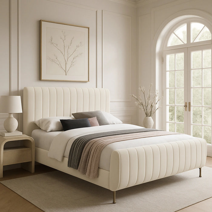 Zara Cream Velvet Queen Bed (3 Boxes)