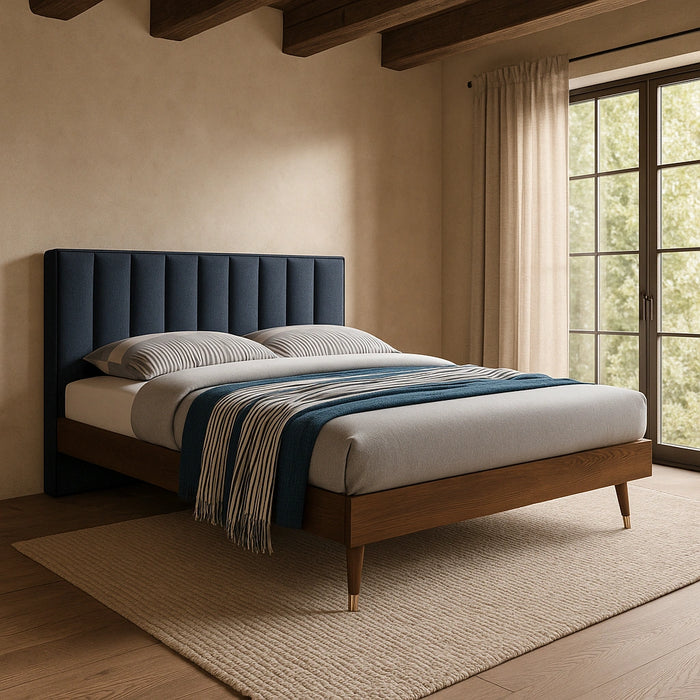 Vance Navy Linen Fabric King Bed (3 Boxes)