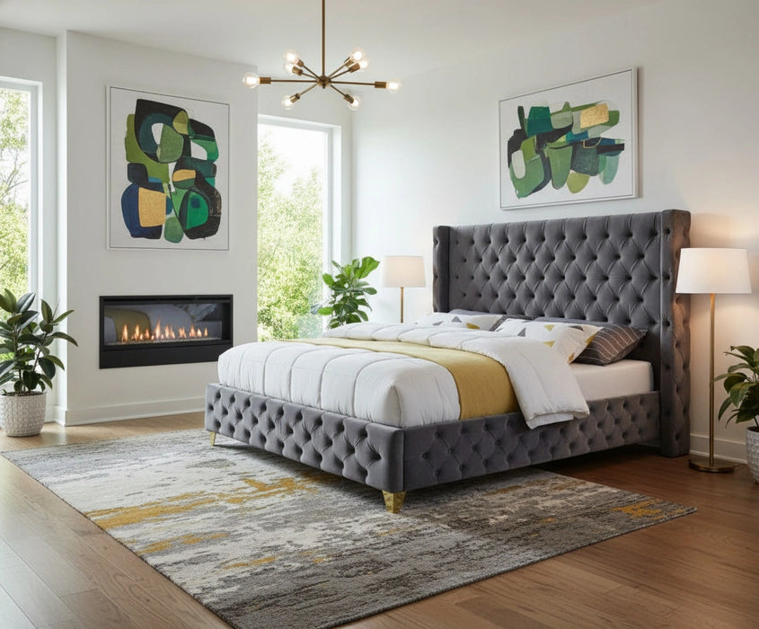 Savan Grey Velvet King Bed