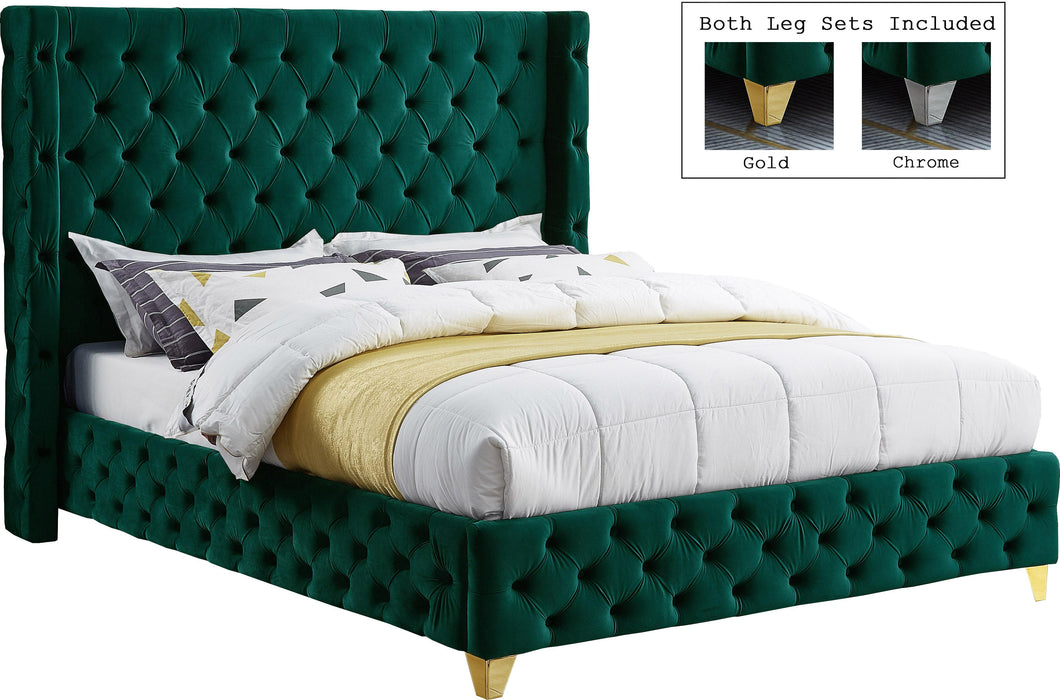 Savan Green Velvet Queen Bed