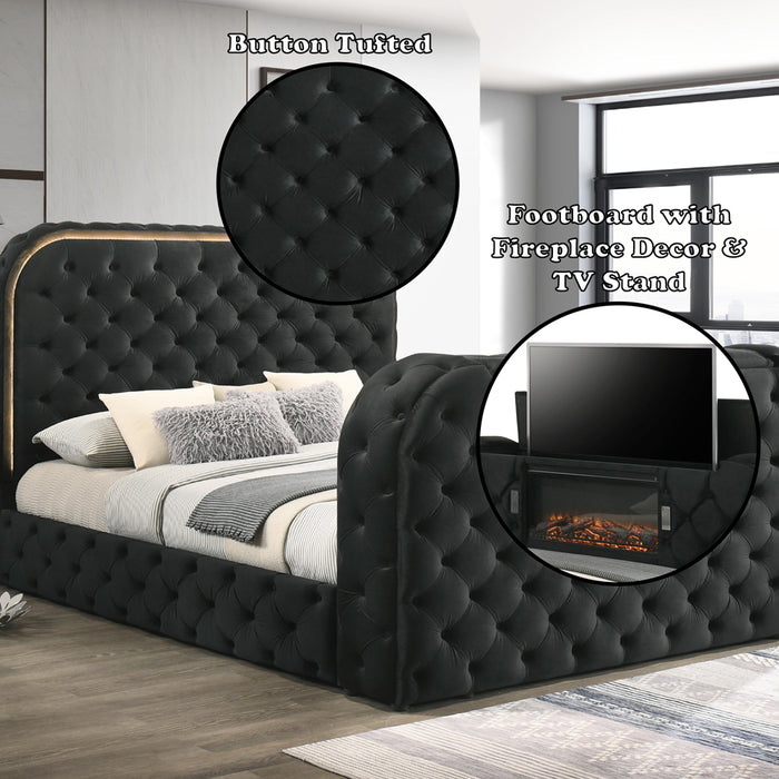 Queen Bed w/LED, Fireplace & TV Cabinet