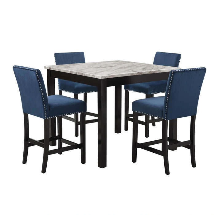 Celeste 5Pc 42" Marble Finish Counter Table & 4 Chairs-Blue